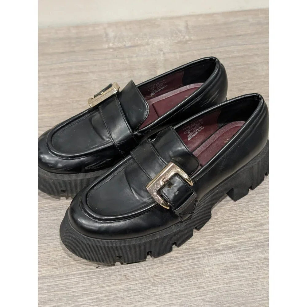 Zara Women's Back Loafers Chunky Platform Metal Buckle Shoes Y2K Slip-ons Sz 38